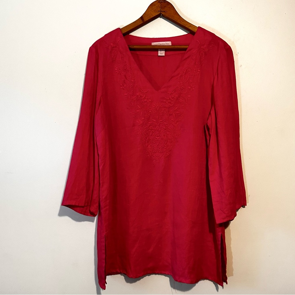 100% Linen Tunic top-St Tropez West. Bright Coral embroidered v neck. Sz L